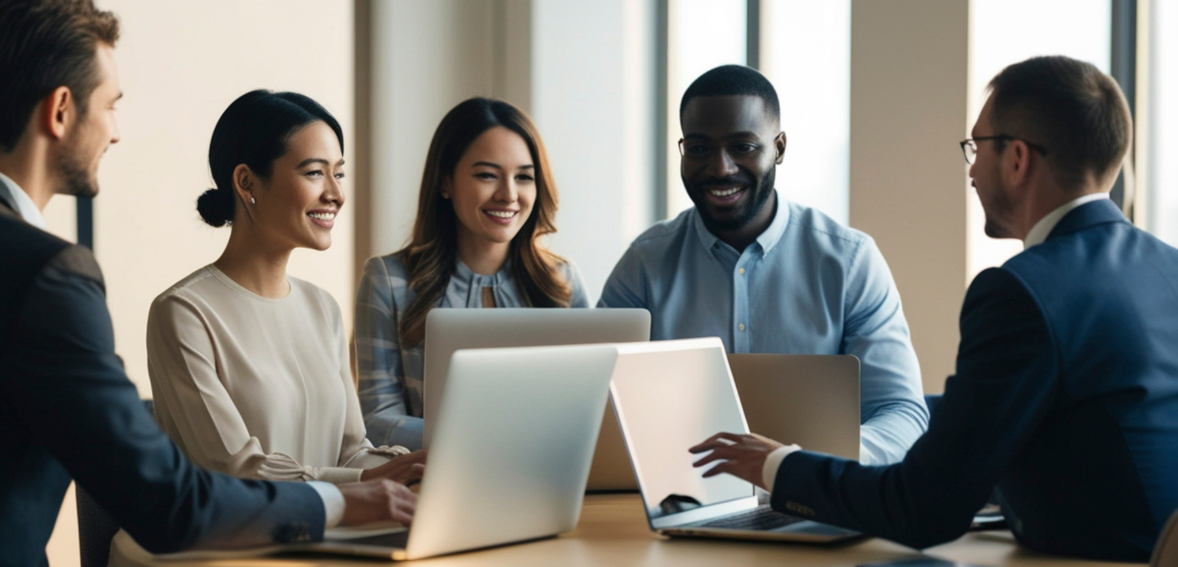 Group of diverse childcare staff collaborating around a digital system